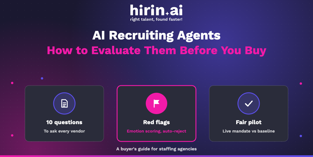 Hirin.ai banner on how to evaluate AI recruiting agents: ten vendor questions, red flags such as emotion scoring and auto-rejection, and a fair pilot.