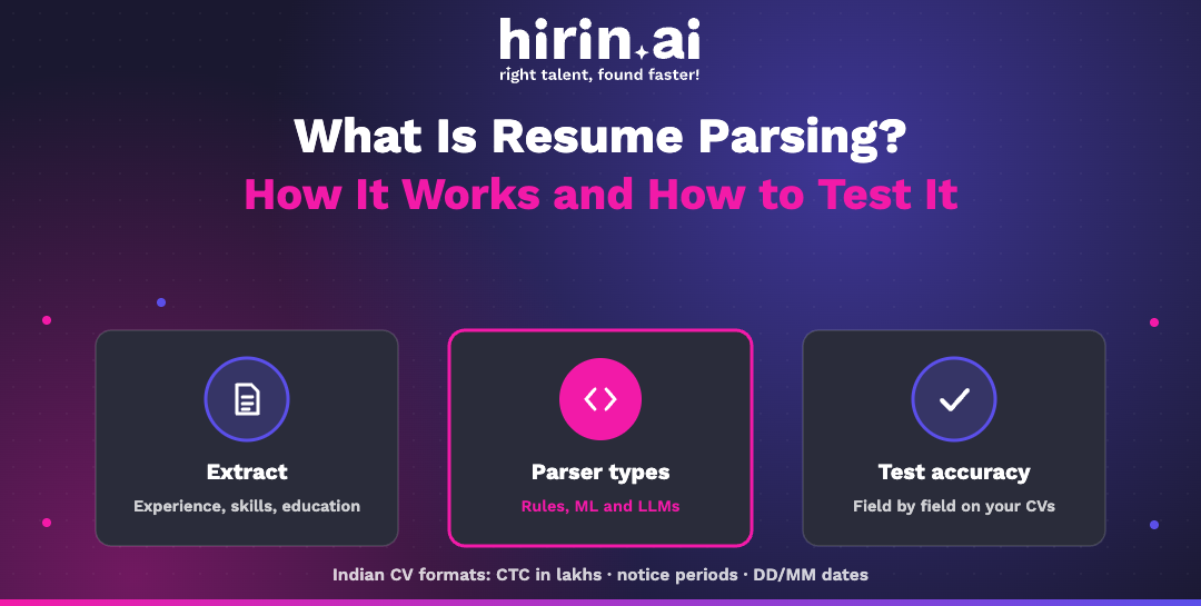 Hirin.ai banner on resume parsing: what a parser extracts, rule-based, machine learning and LLM parser types, and testing accuracy field by field on your own CVs.